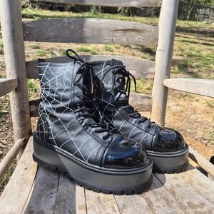 Demonia "Slacker-88" Boots Spiderweb Black Vegan Leather - Patent